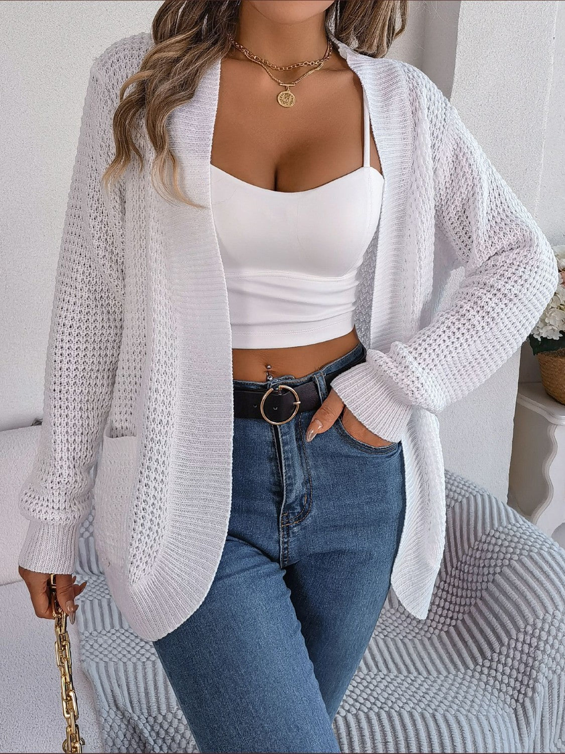 Open Front Long Sleeve Cardigan with Pockets-Angel Casuals