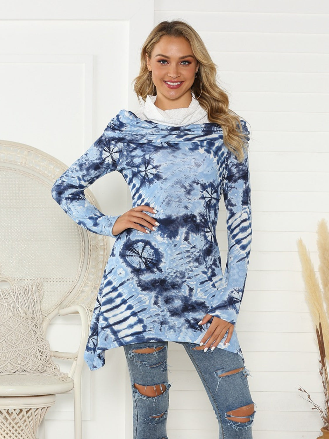 Printed Raglan Sleeve Mock Neck T-Shirt-Angel Casuals