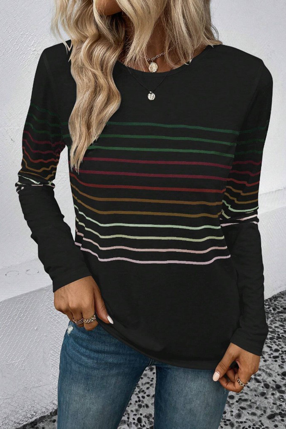 Striped Round Neck Long Sleeve T-Shirt-Angel Casuals