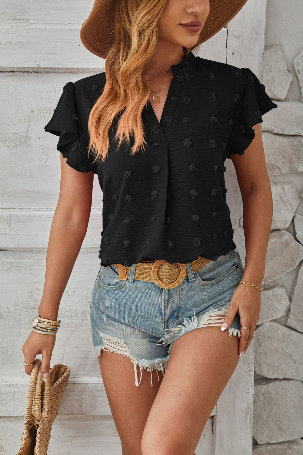 Swiss Dot Notched Cap Sleeve T-Shirt-Angel Casuals