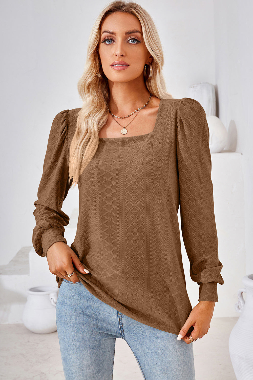 Square Neck Puff Sleeve T-Shirt-Angel Casuals