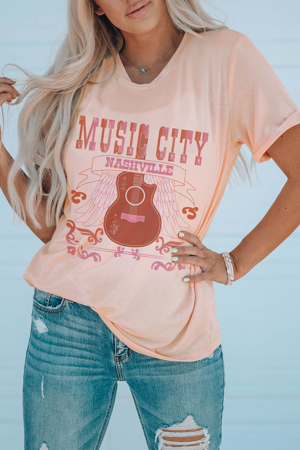 MUSIC CITY Cuffed Short Sleeve Tee-Angel Casuals