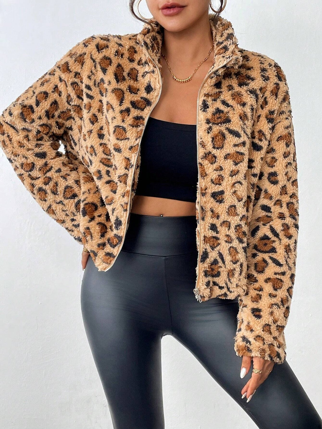 Fuzzy Turtleneck Leopard Zip Up Jacket-Angel Casuals