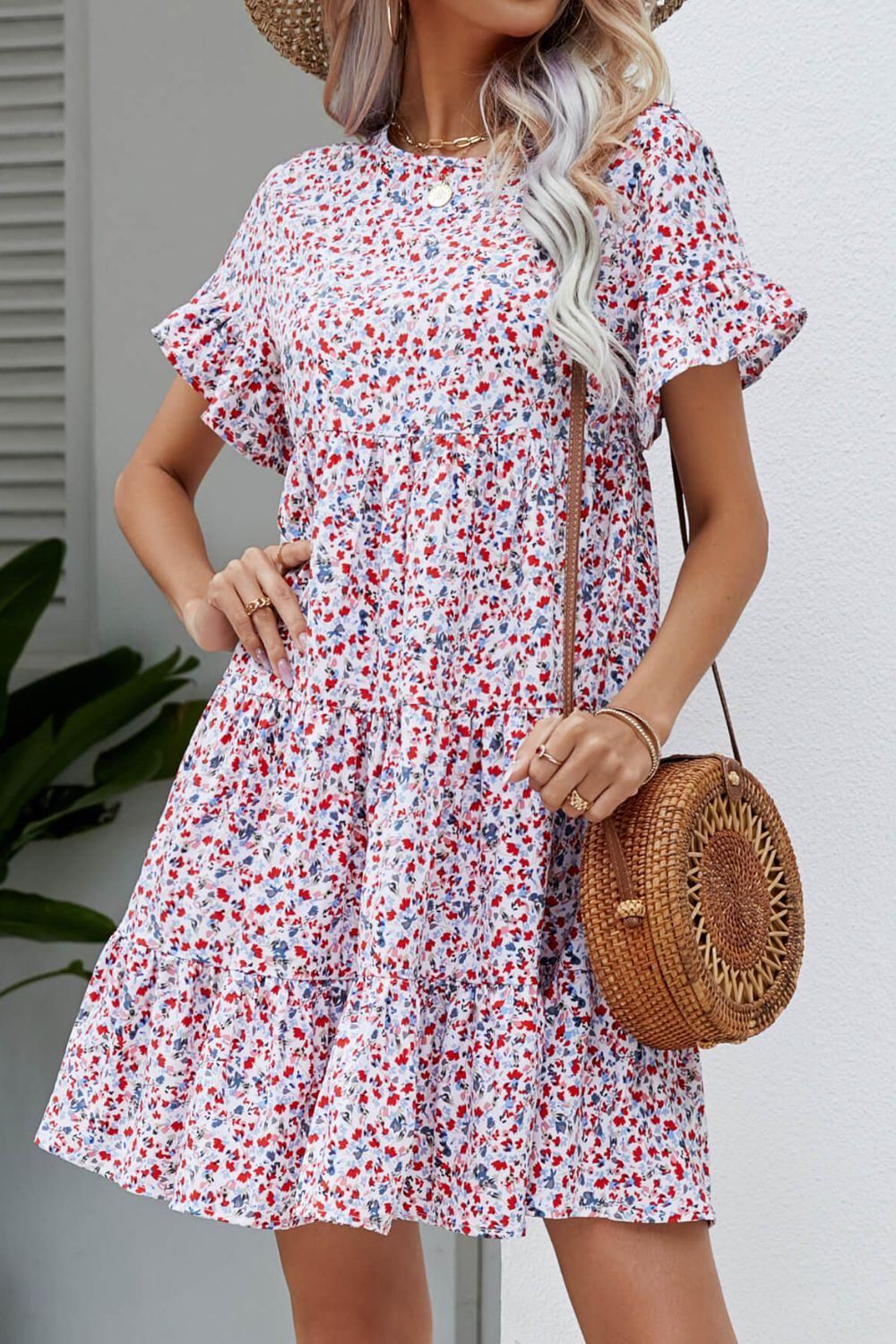 Ditsy Floral Flounce Sleeve Tiered Dress-Angel Casuals