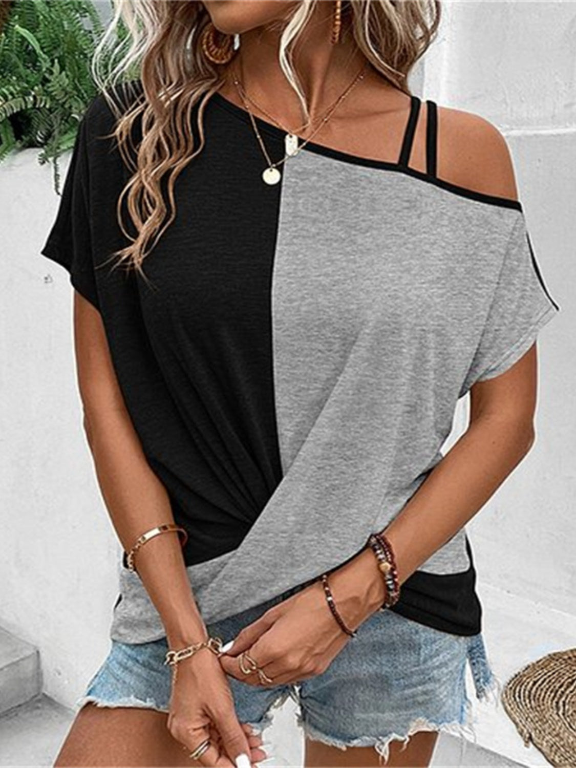 Contrast Asymmetrical Neck Short Sleeve T-Shirt-Angel Casuals