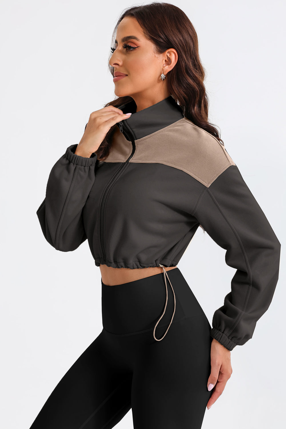 Contrast Drawstring Zip Up Jacket-Angel Casuals