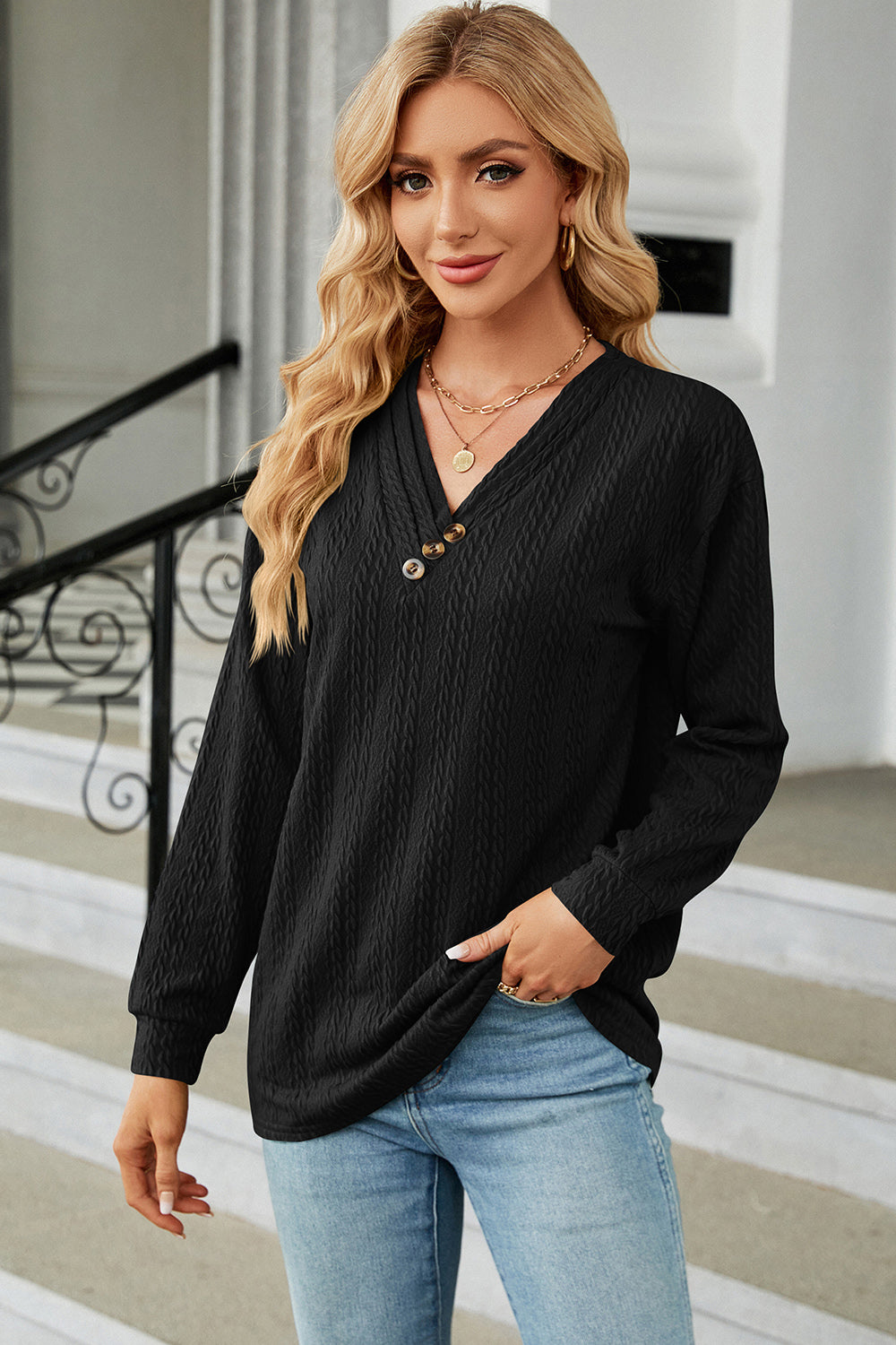 Decorative Button V-Neck Long Sleeve T-Shirt-Angel Casuals