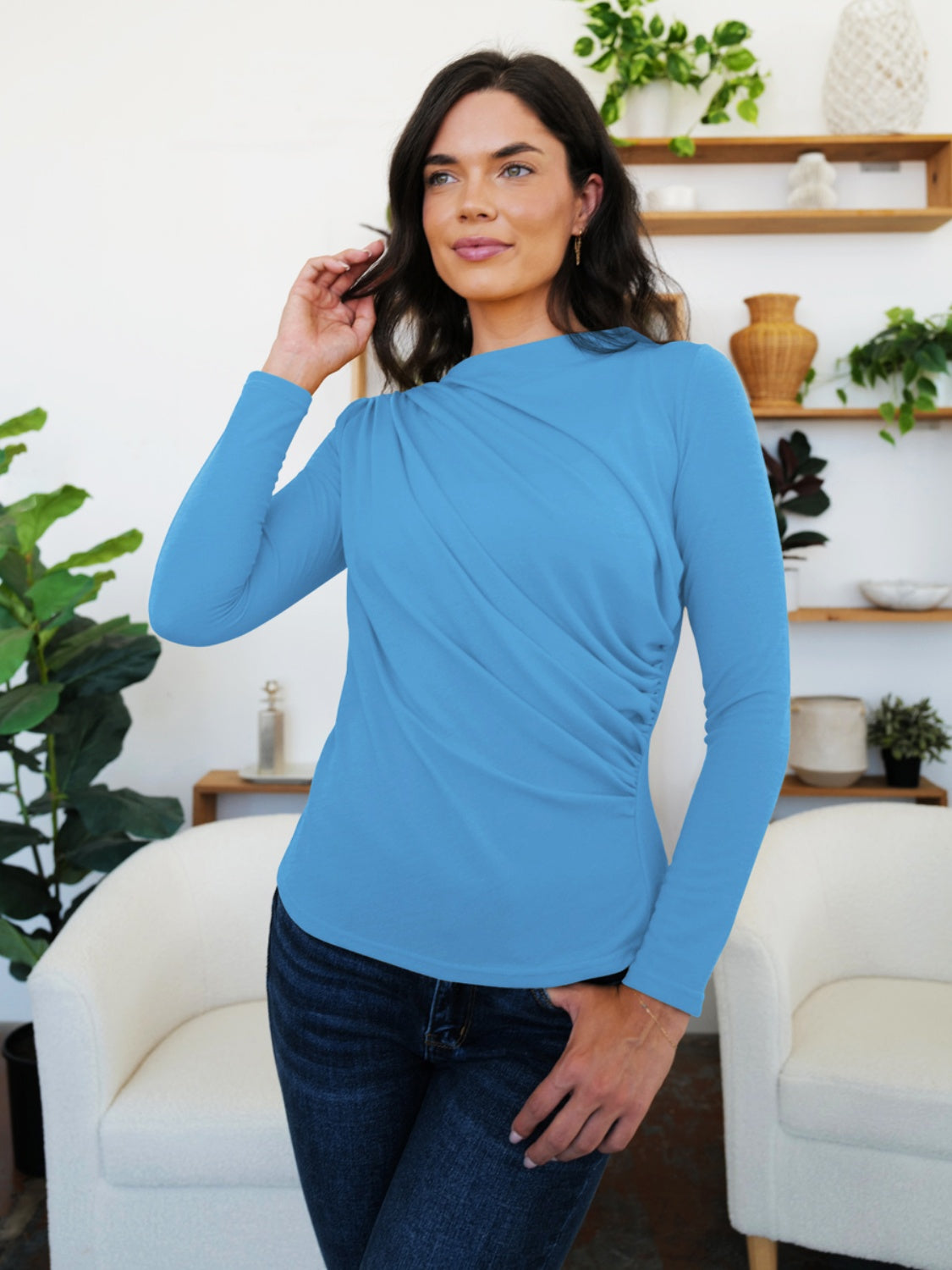 FAM-FAM Ruched Mock Neck Long Sleeve T-Shirt-Angel Casuals