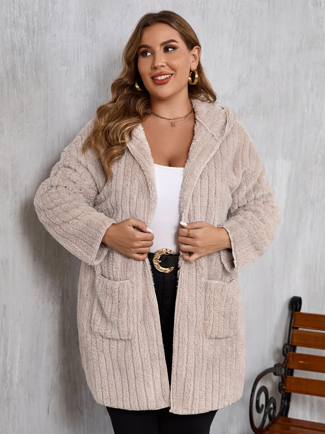 Plus Size Open Front Long Sleeve Hooded Fuzzy Jacket-Angel Casuals