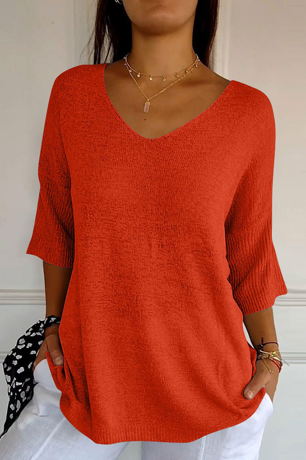 V-Neck Three-Quarter Sleeve Knit Top-Angel Casuals
