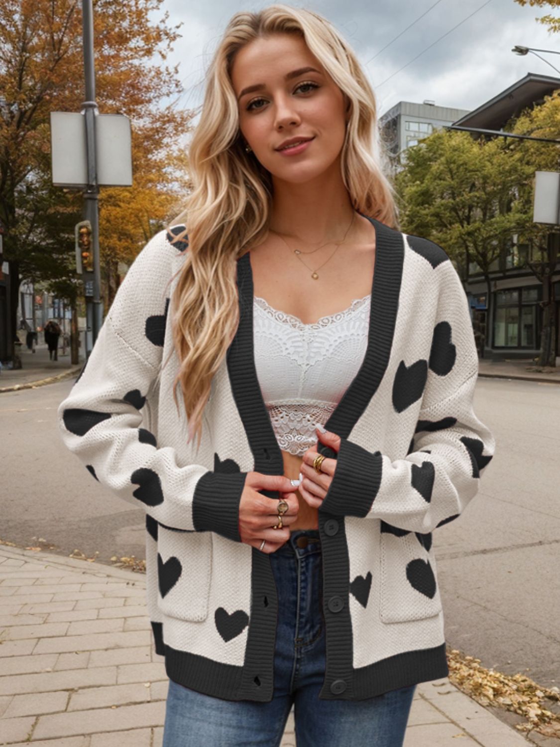 Heart Button Up Dropped Shoulder Long Sleeve Cardigan-Angel Casuals