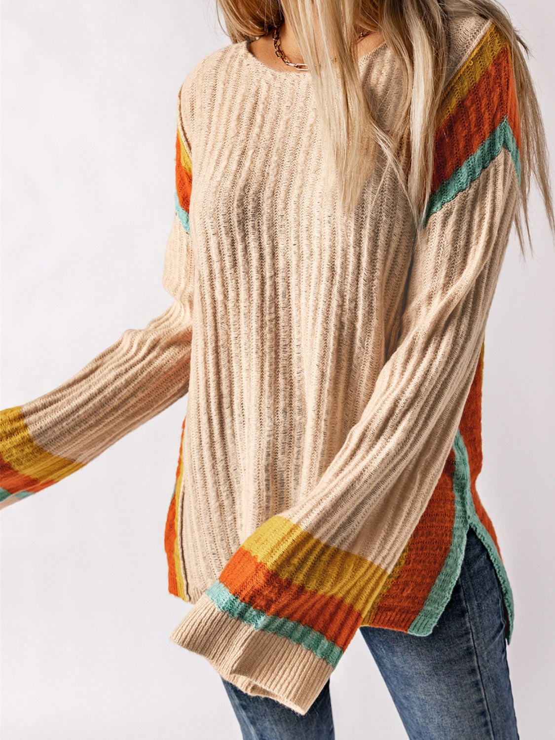 Striped Round Neck Long Sleeve Sweater-Angel Casuals