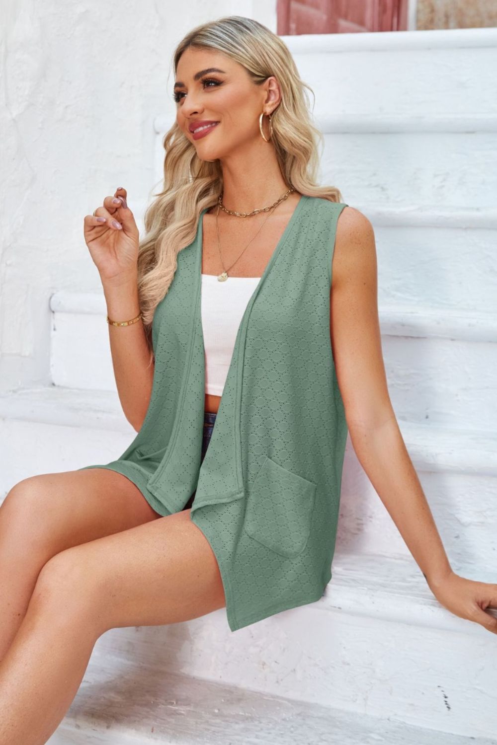 Eyelet Open Front Sleeveless Cardigan-Angel Casuals