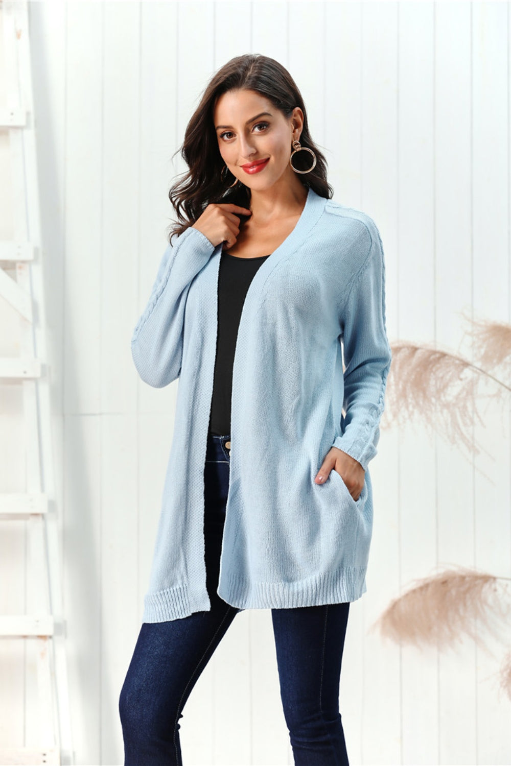 Cable-Knit Open Front Long Sleeve Cardigan-Angel Casuals