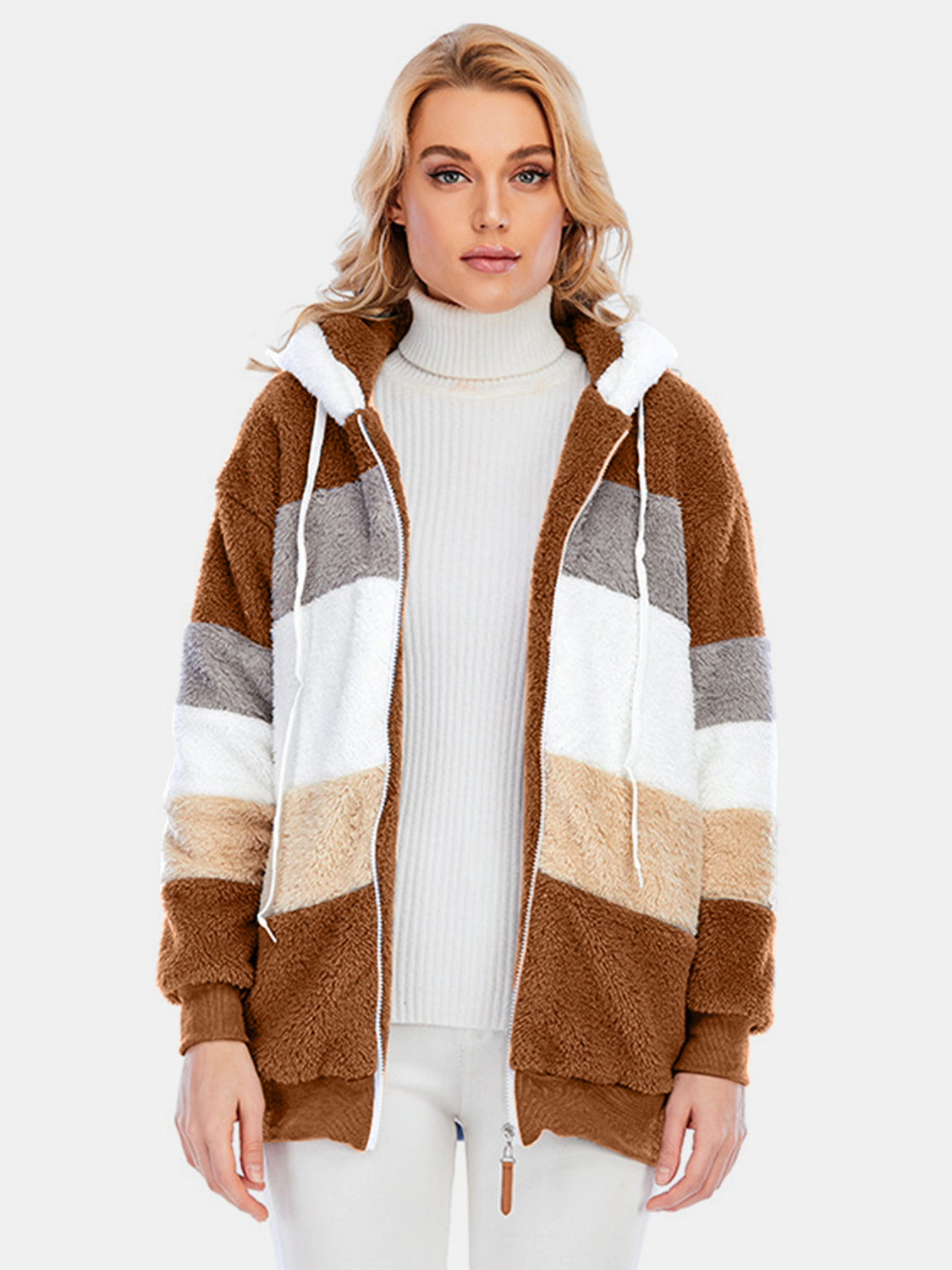 Full Size Drawstring Color Block Zip Up Hooded Outerwear-Angel Casuals