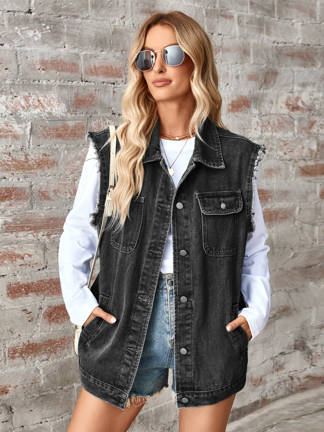 Raw Hem Sleeveless Button Up Denim Jacket-Angel Casuals