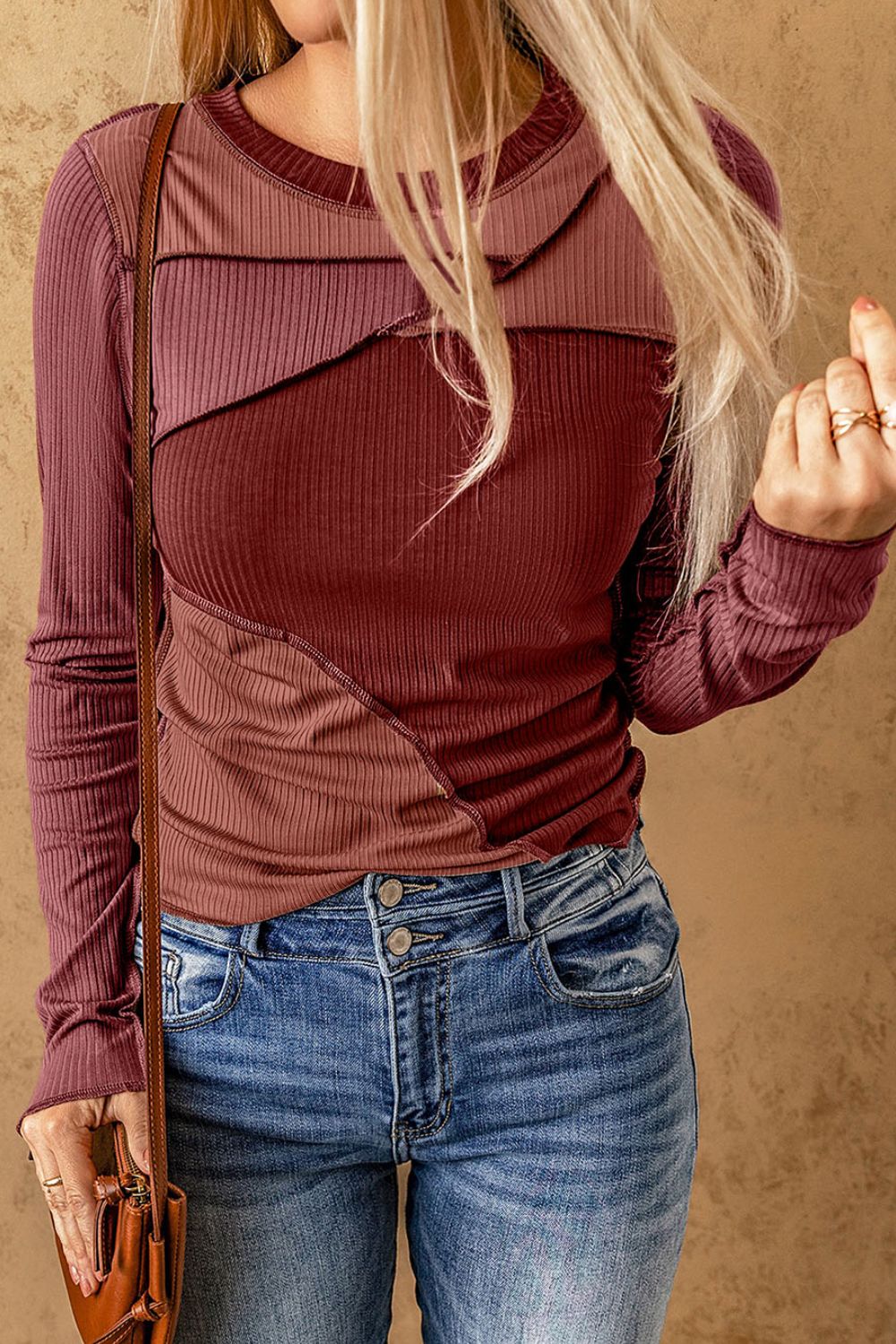 Exposed Seam Contrast Round Neck Long Sleeve T-Shirt-Angel Casuals