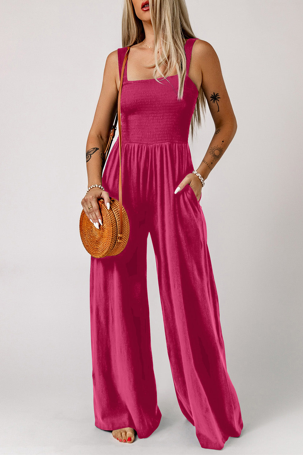 Smocked Square Neck Wide Leg Jumpsuit with Pockets-Angel Casuals