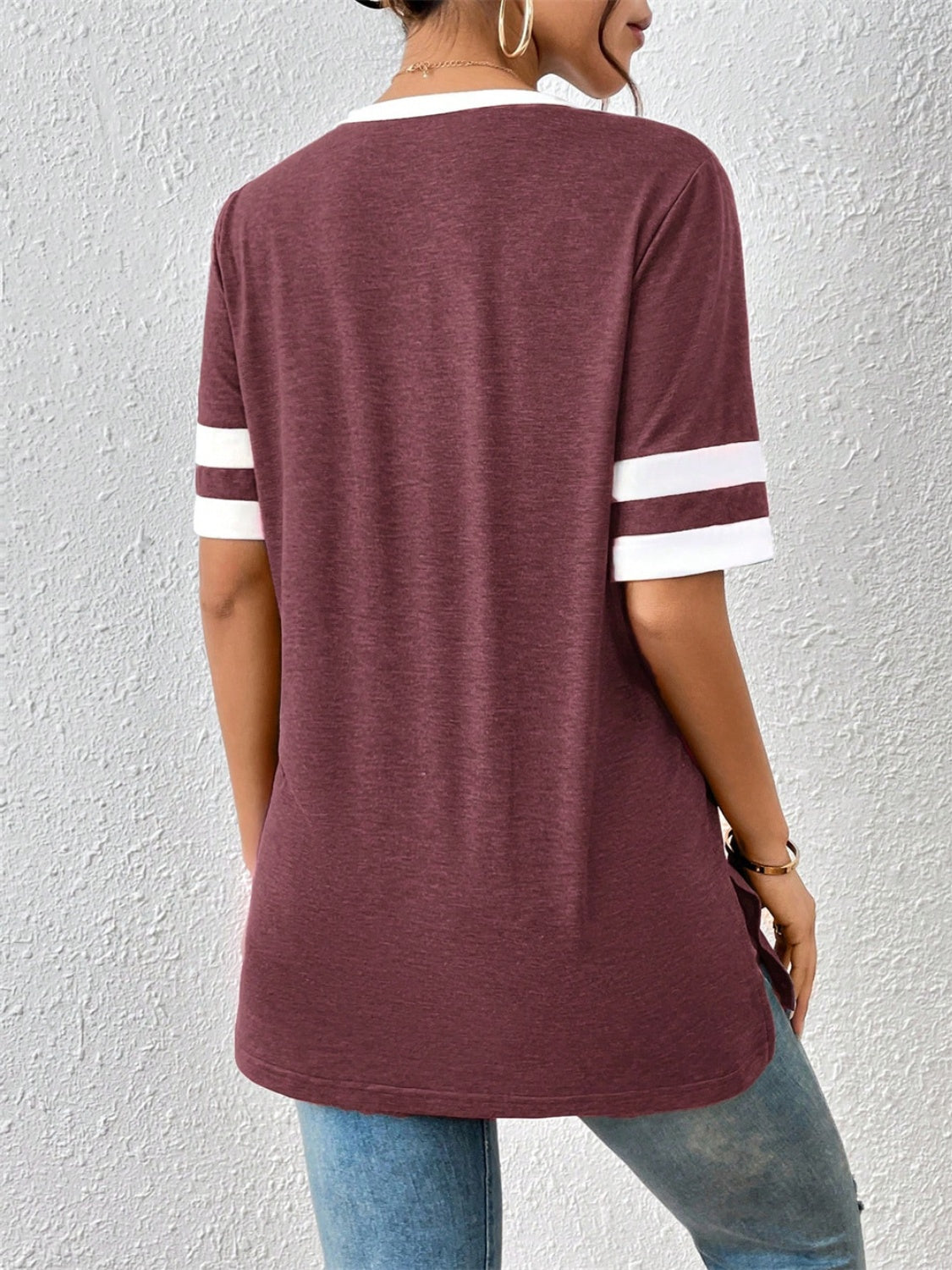 Contrast Trim V-Neck Short Sleeve T-Shirt-Angel Casuals