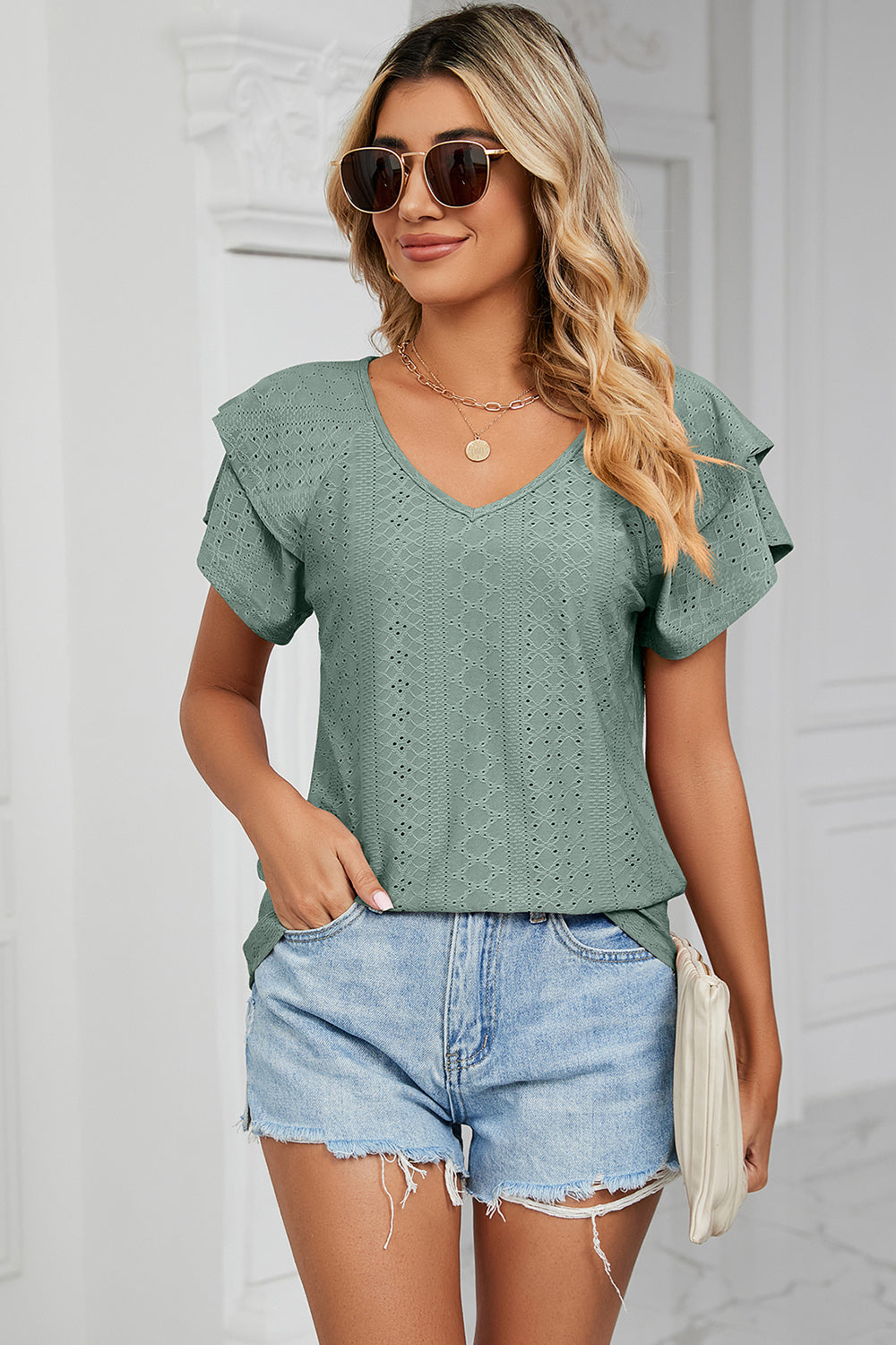 Eyelet V-Neck Short Sleeve T-Shirt-Angel Casuals