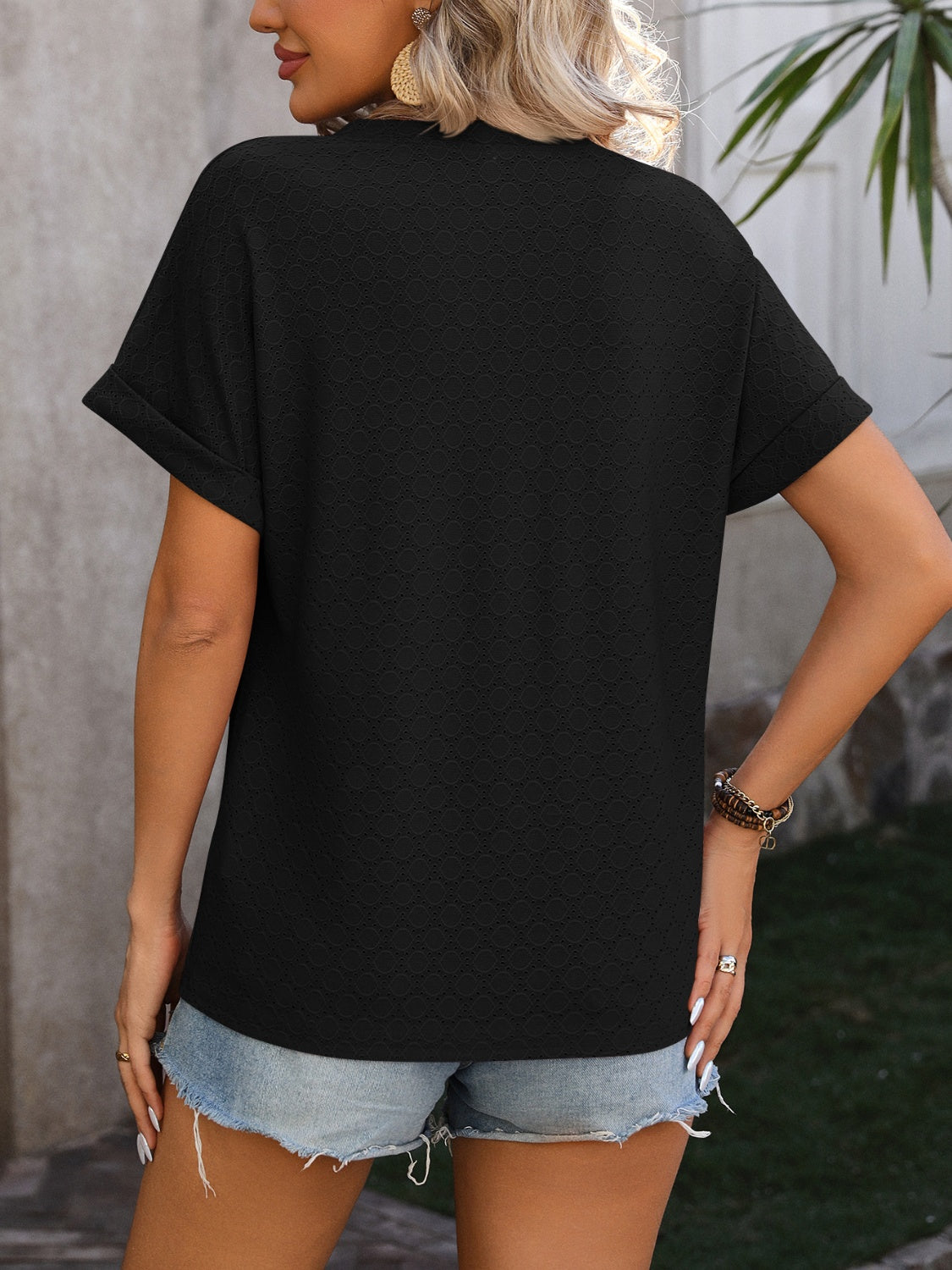 Eyelet Notched Short Sleeve T-Shirt-Angel Casuals