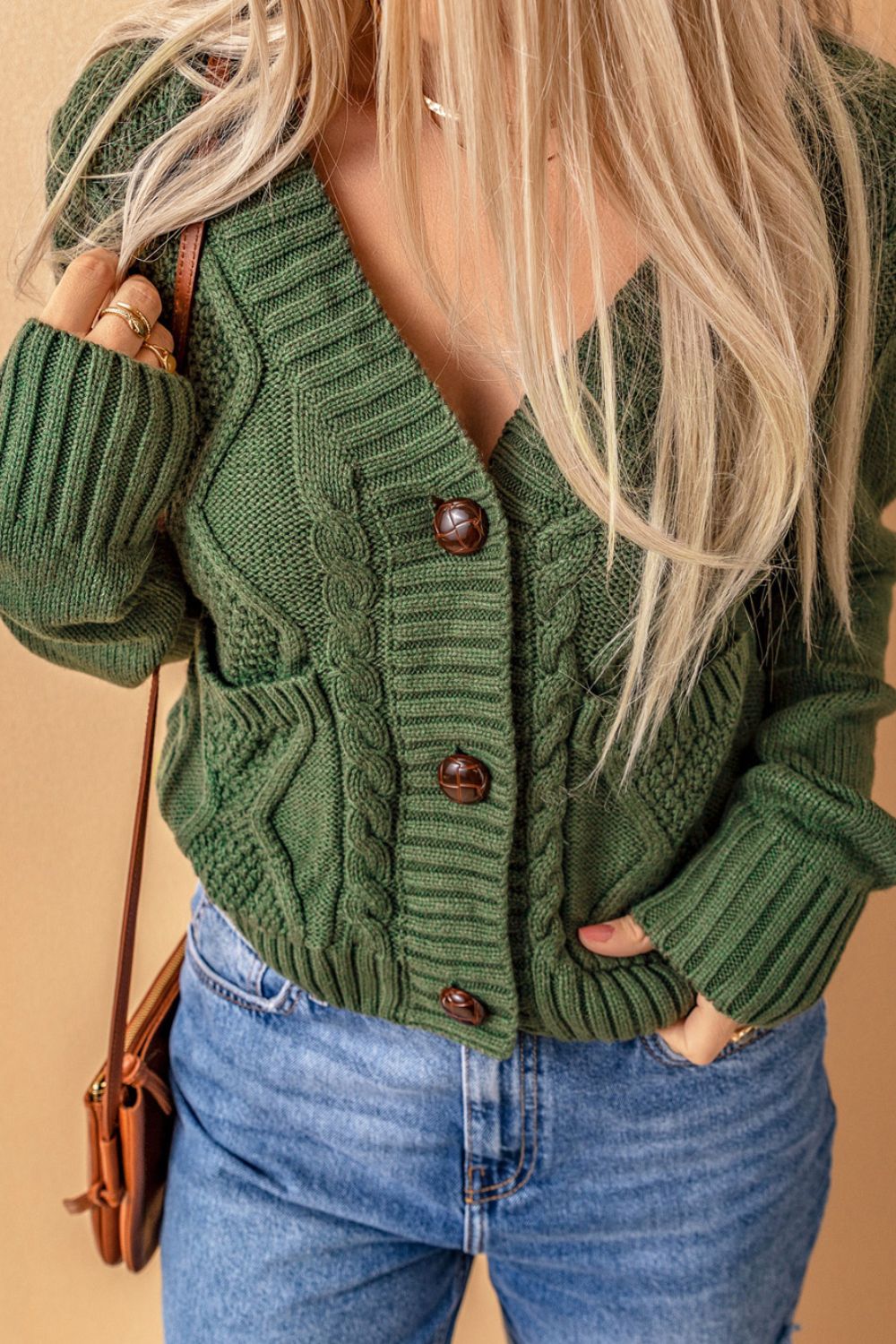 Cable-Knit Button Down V-Neck Cardigan-Angel Casuals