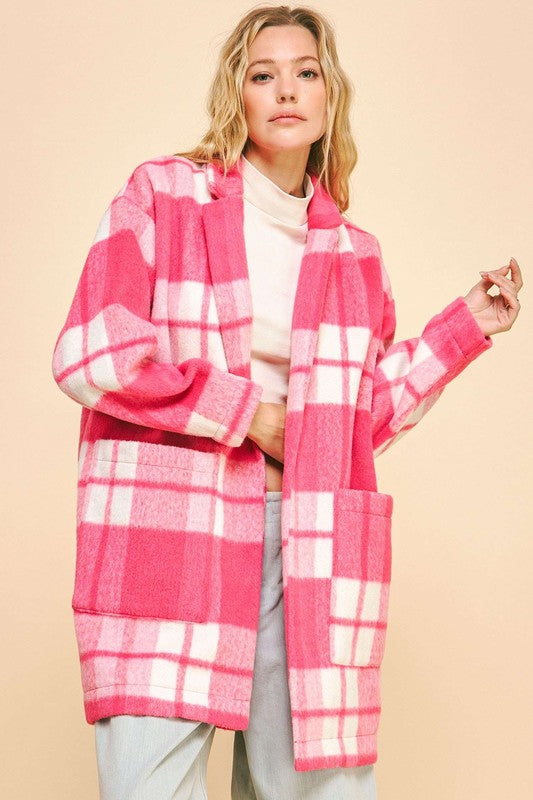 Davi & Dani Plaid Open Front Drop Shoulder Longline Coat-Angel Casuals