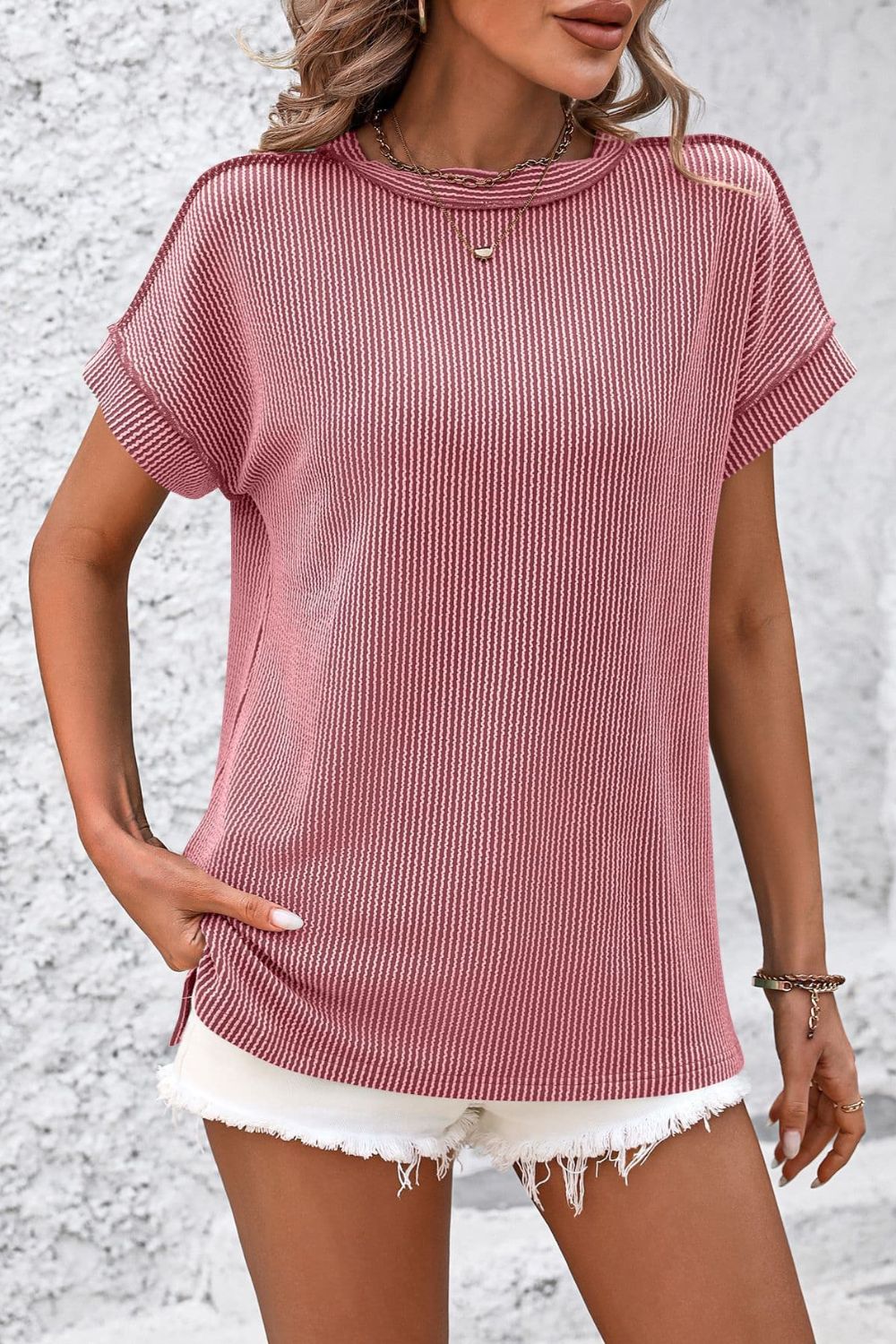 Striped Round Neck Short Sleeve T-Shirt-Angel Casuals