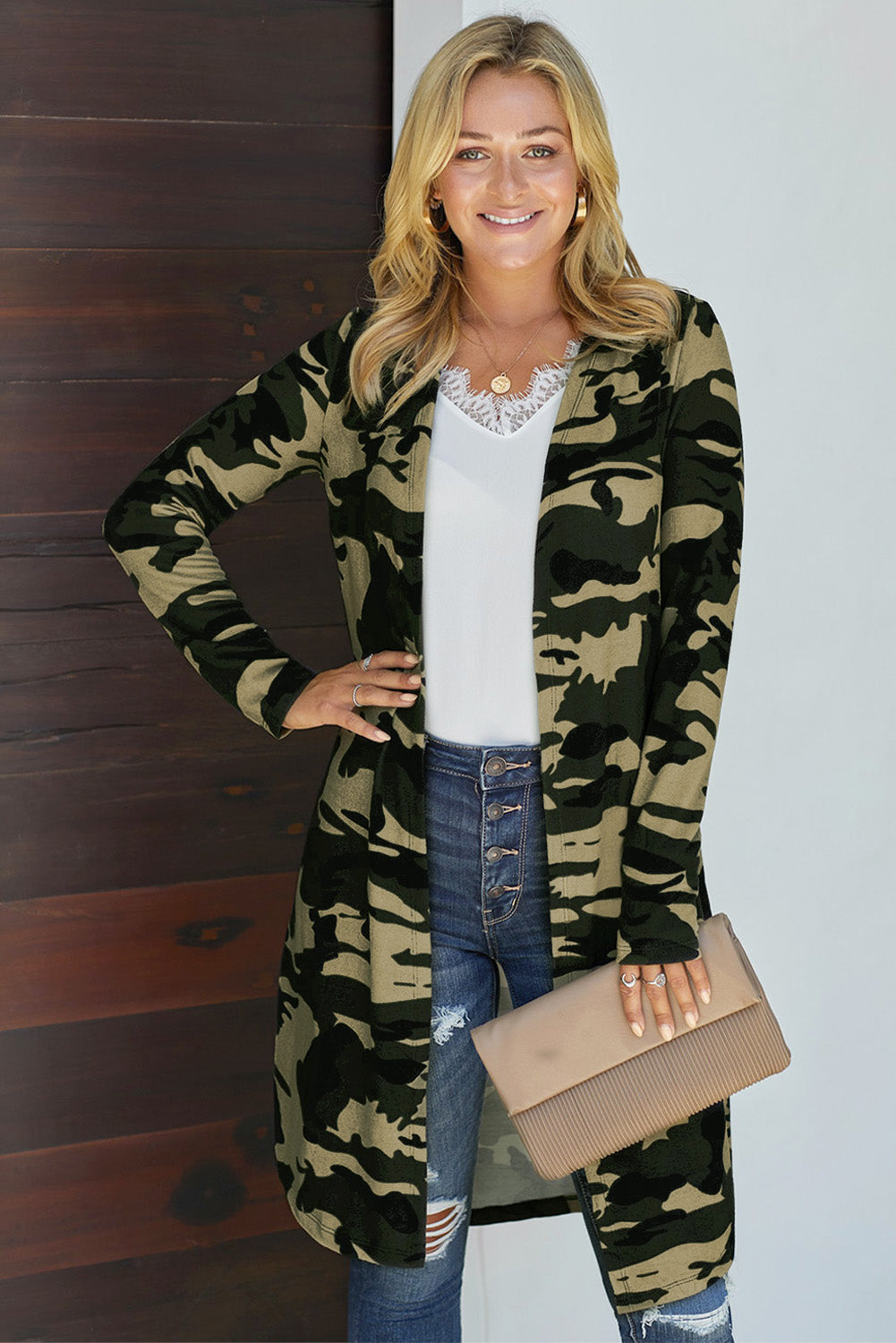 Double Take Printed Open Front Longline Cardigan-Angel Casuals