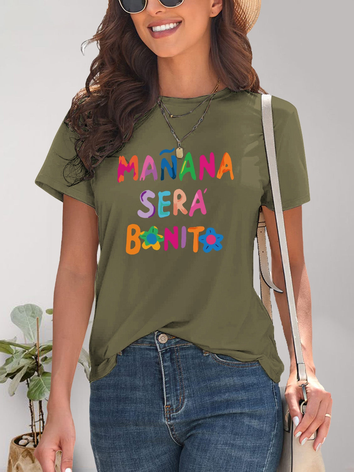 Letter Graphic Round Neck Short Sleeve T-Shirt-Angel Casuals