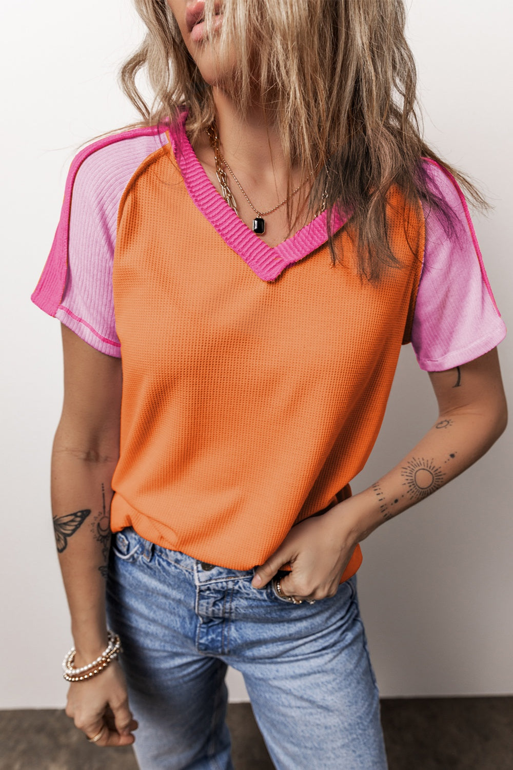 Color Block V-Neck Short Sleeve T-Shirt-Angel Casuals