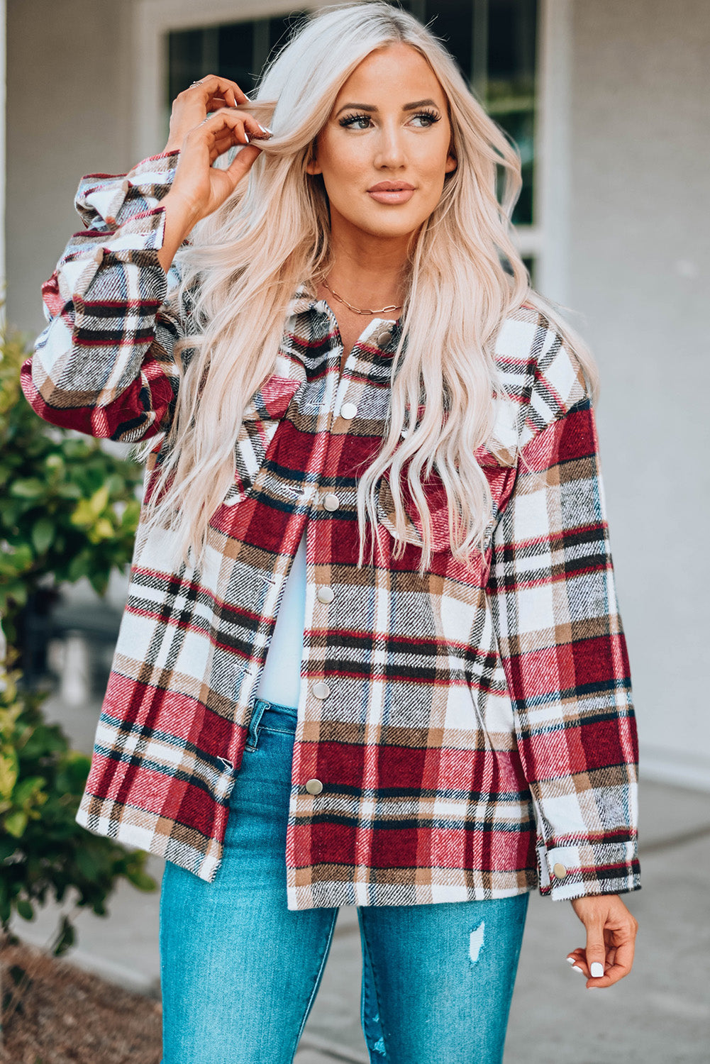 Double Take Plaid Button Front Shirt Jacket with Breast Pockets-Angel Casuals