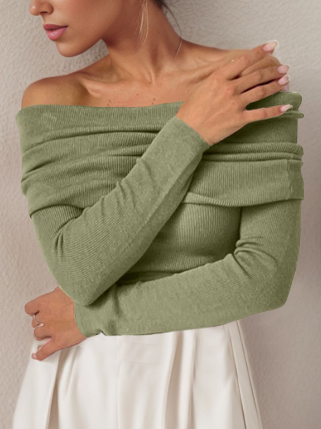 Off-Shoulder Long Sleeve Sweater-Angel Casuals