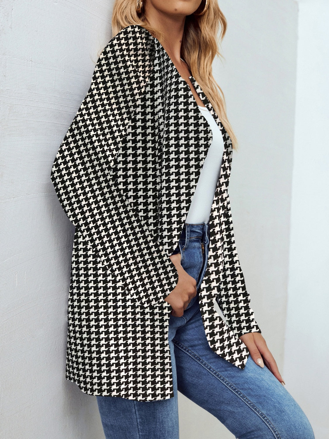 Houndstooth Open Front Long Sleeve Jacket-Angel Casuals
