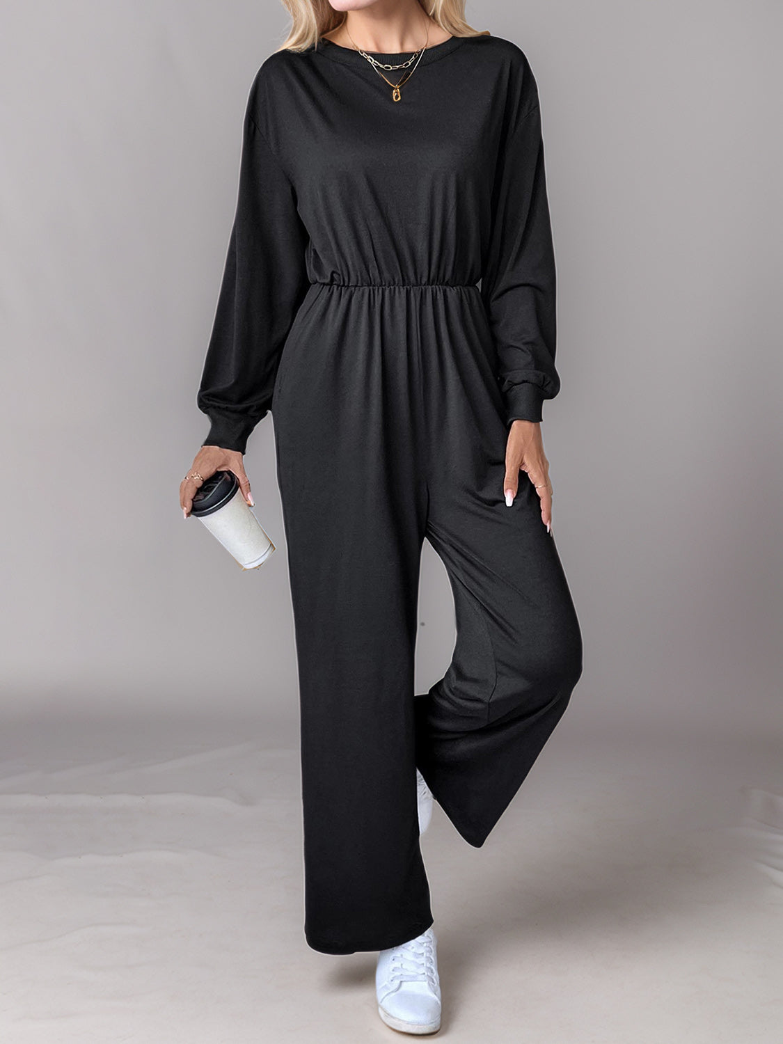 Tied Round Neck Wide Leg Jumpsuit-Angel Casuals