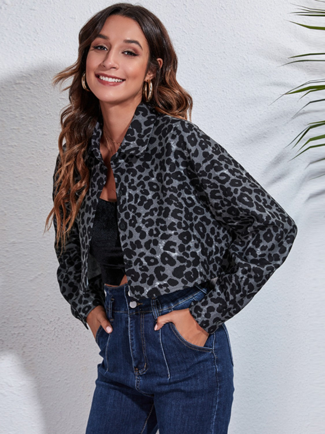 Leopard Button Up Collared Neck Cropped Jacket-Angel Casuals