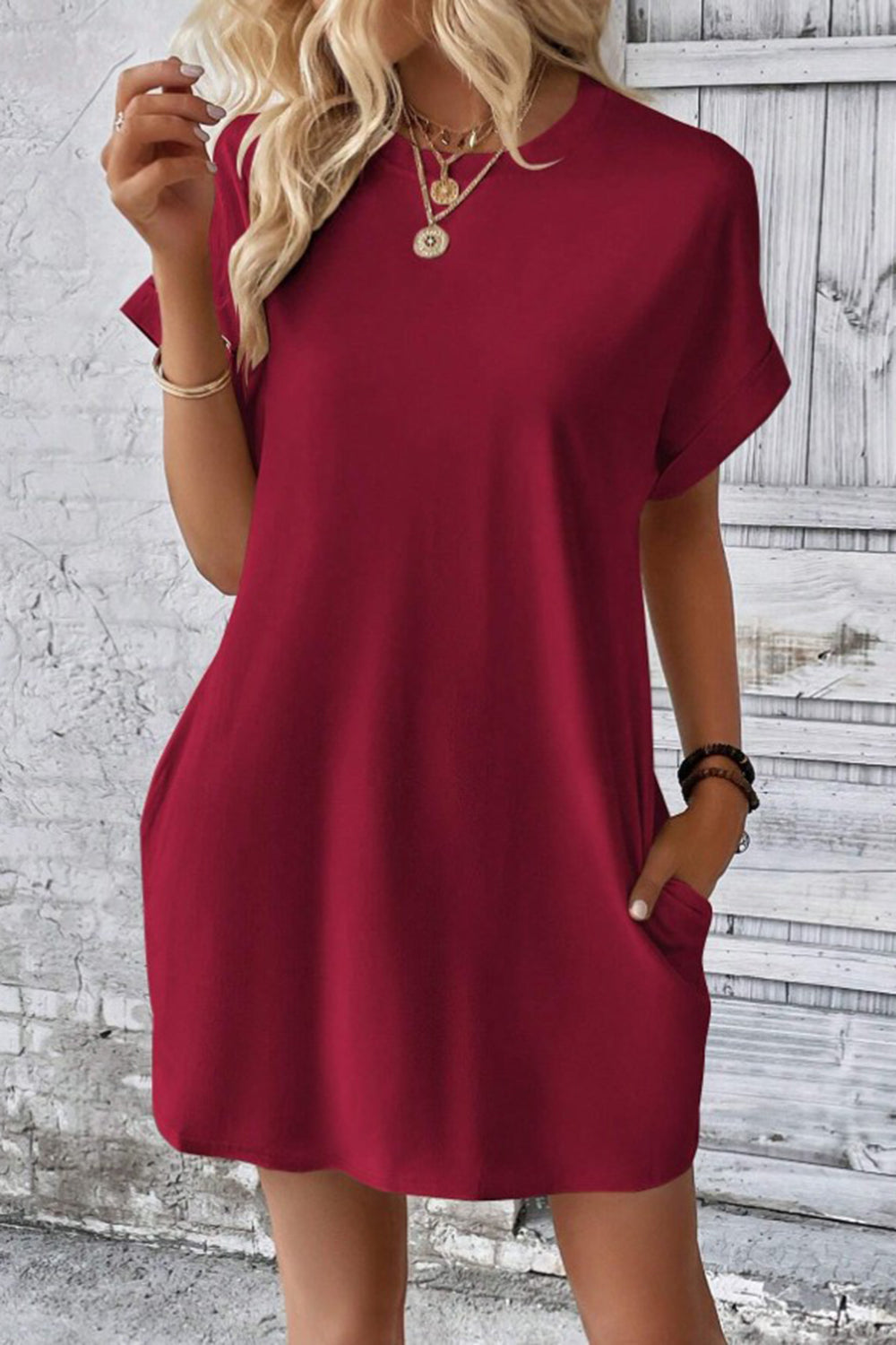 Pocketed Round Neck Short Sleeve Dress-Angel Casuals