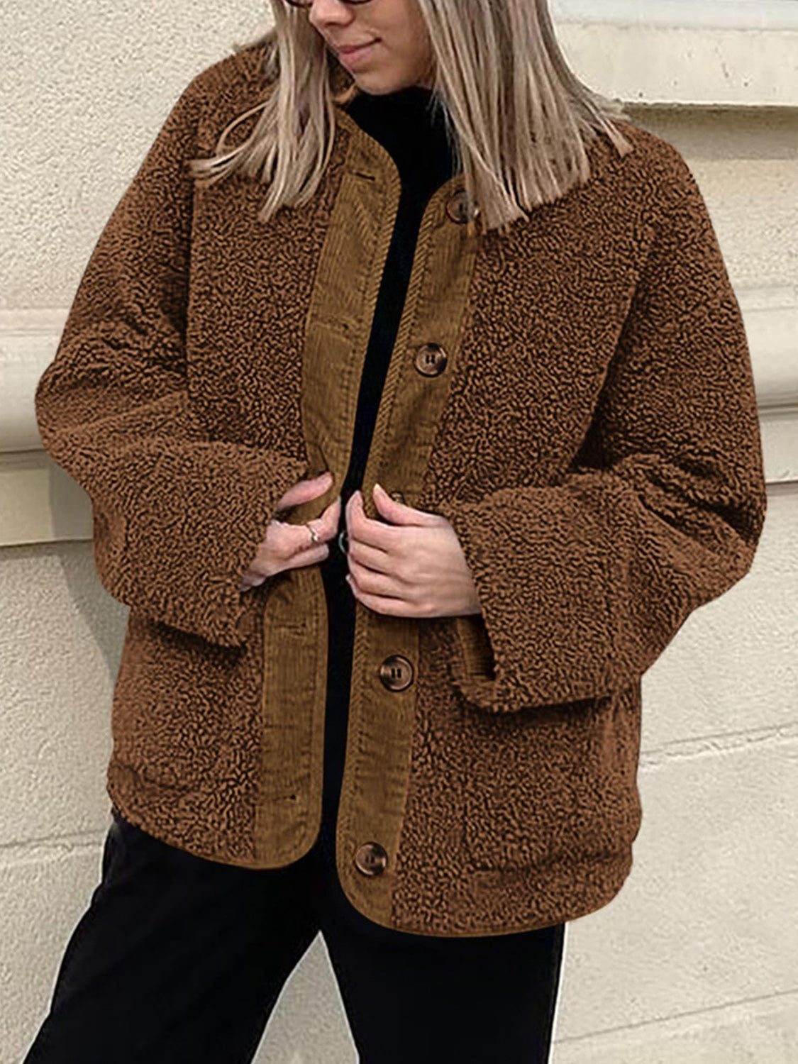 Contrast Button Up Sherpa Jacket with Pockets-Angel Casuals