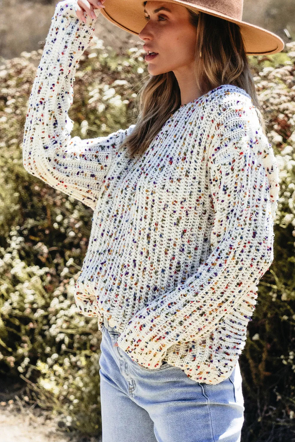 Twisted Confetti Boat Neck Sweater-Angel Casuals