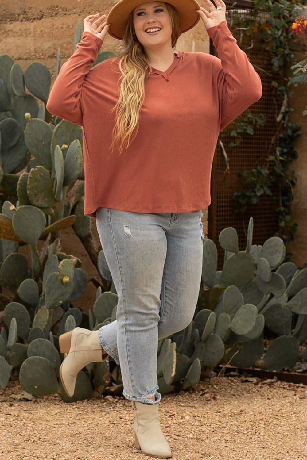 Plus Size Notched Long Sleeve T-Shirt-Angel Casuals