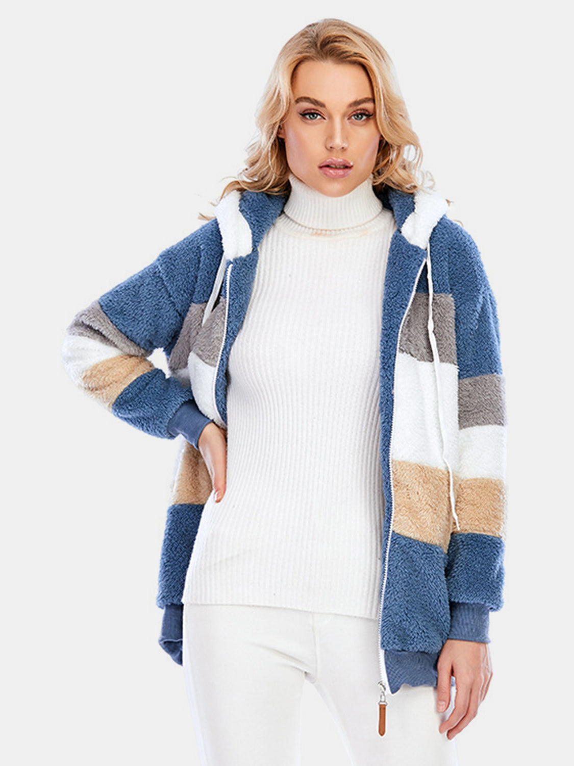 Full Size Drawstring Color Block Zip Up Hooded Outerwear-Angel Casuals