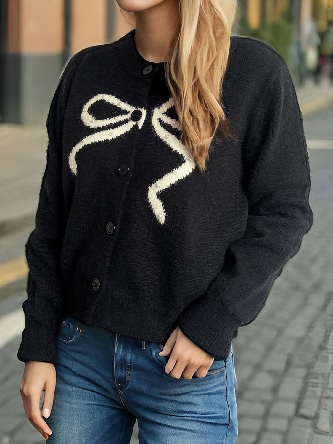 Bow Button Down Round Neck Cardigan-Angel Casuals