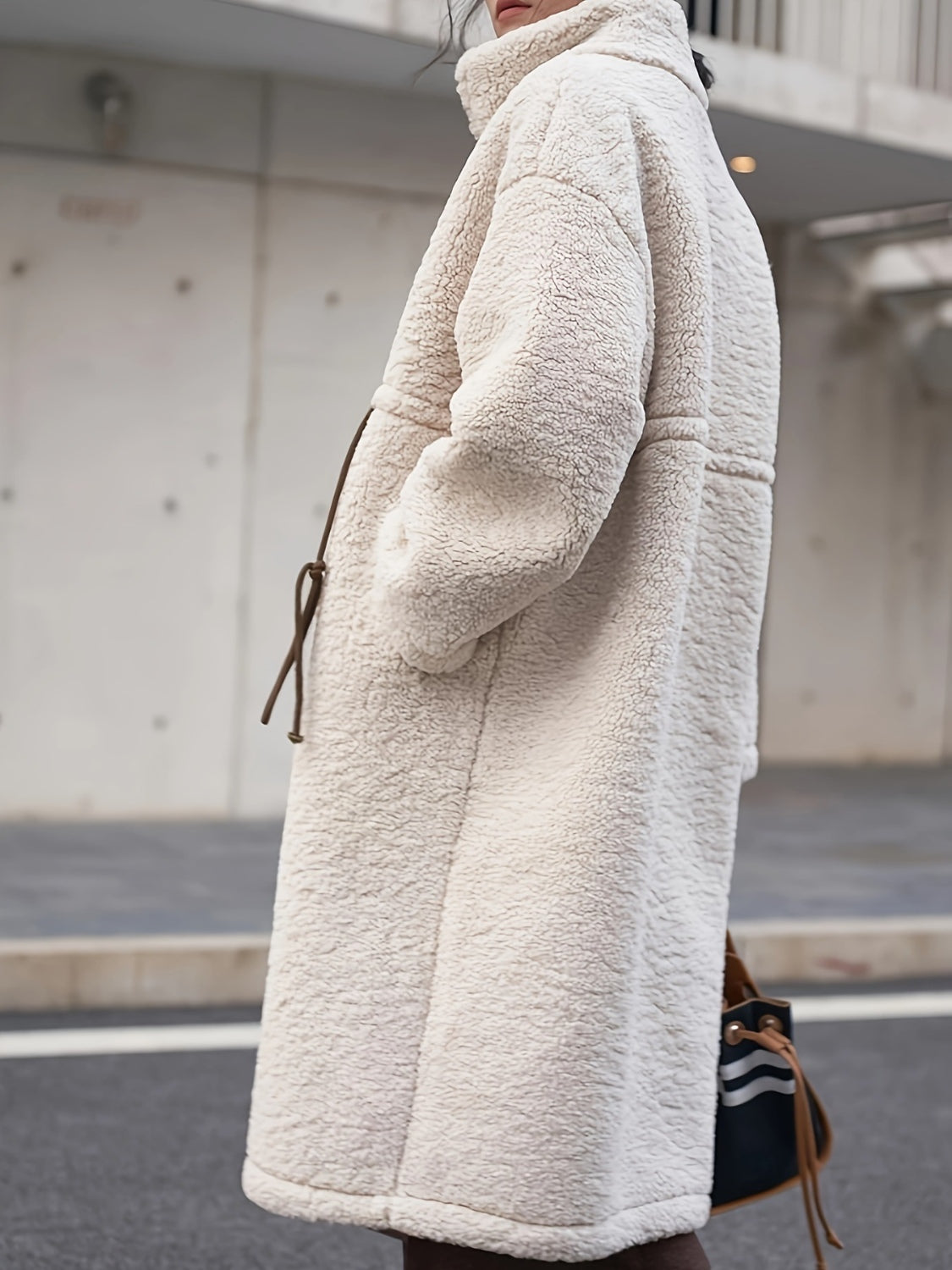 Plus Size Drawstring Zip Up Turtleneck Sherpa Coat-Angel Casuals