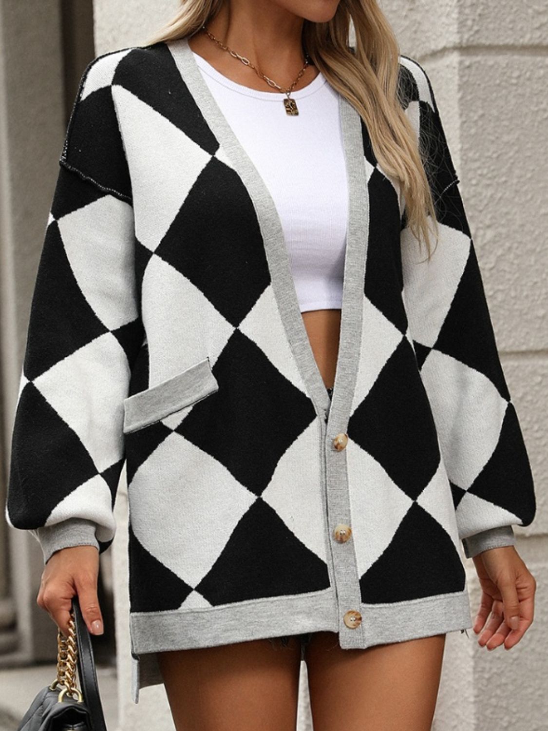 Checkered Dropped Shoulder Long Sleeve Cardigan-Angel Casuals