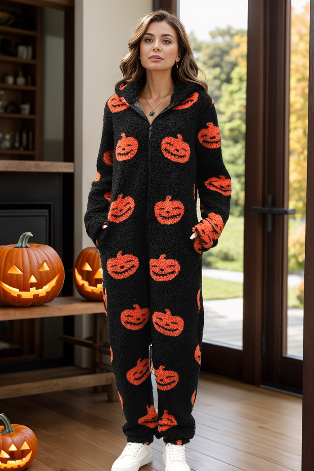 Fuzzy Pumpkin Half Zip Hooded Jumpsuit-Angel Casuals