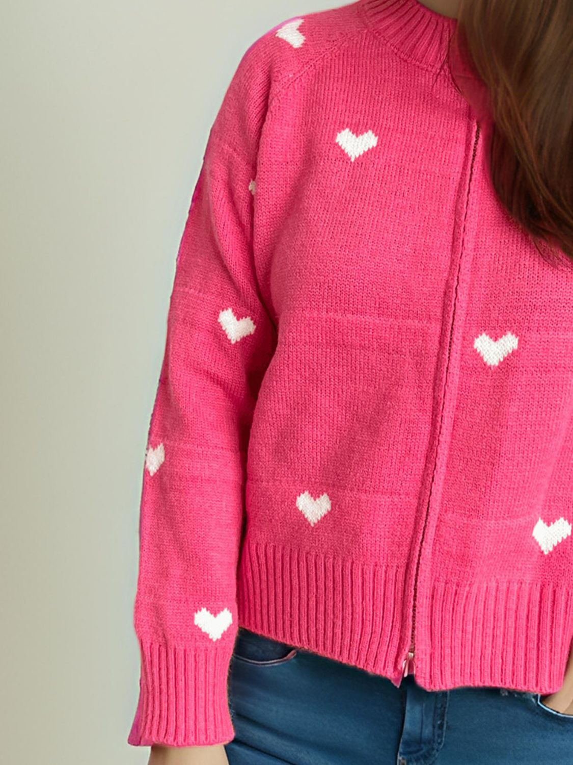 Heart Round Neck Zip Up Cardigan-Angel Casuals