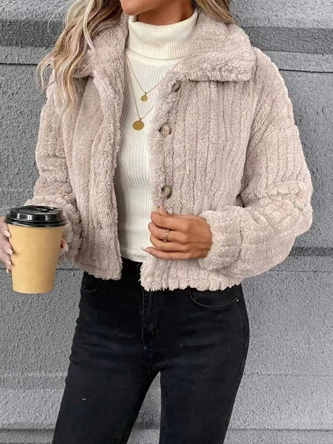 Button Up Long Sleeve Fuzzy Outerwear-Angel Casuals