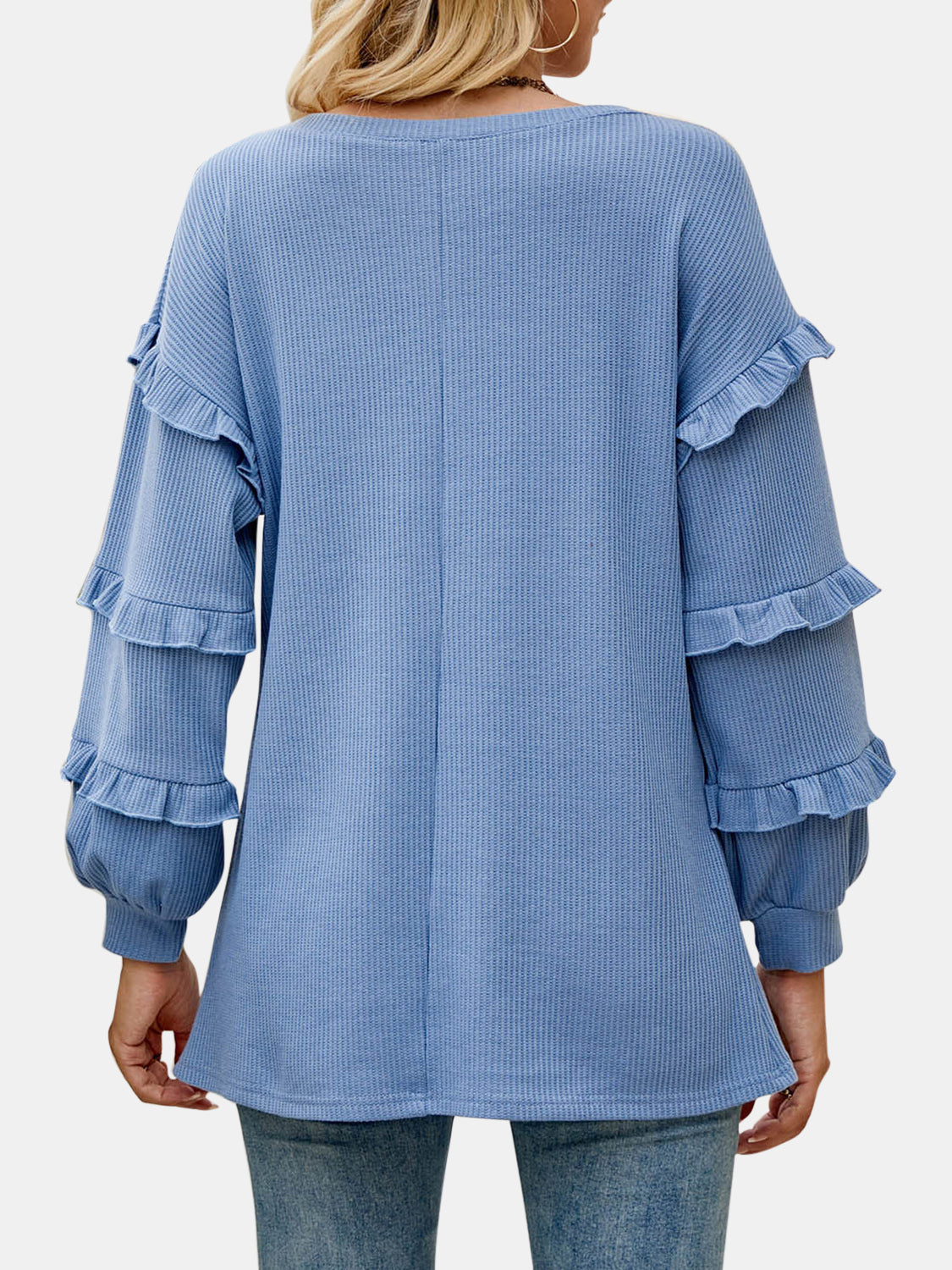 Ruffled V-Neck Long Sleeve T-Shirt-Angel Casuals