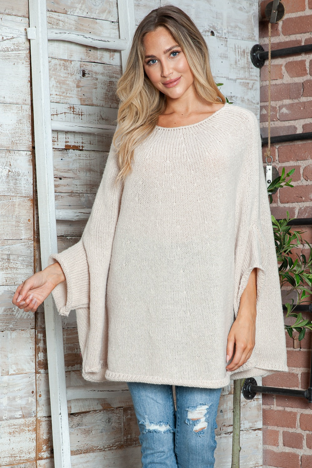Round Neck Batwing Sleeve Sweater-Angel Casuals