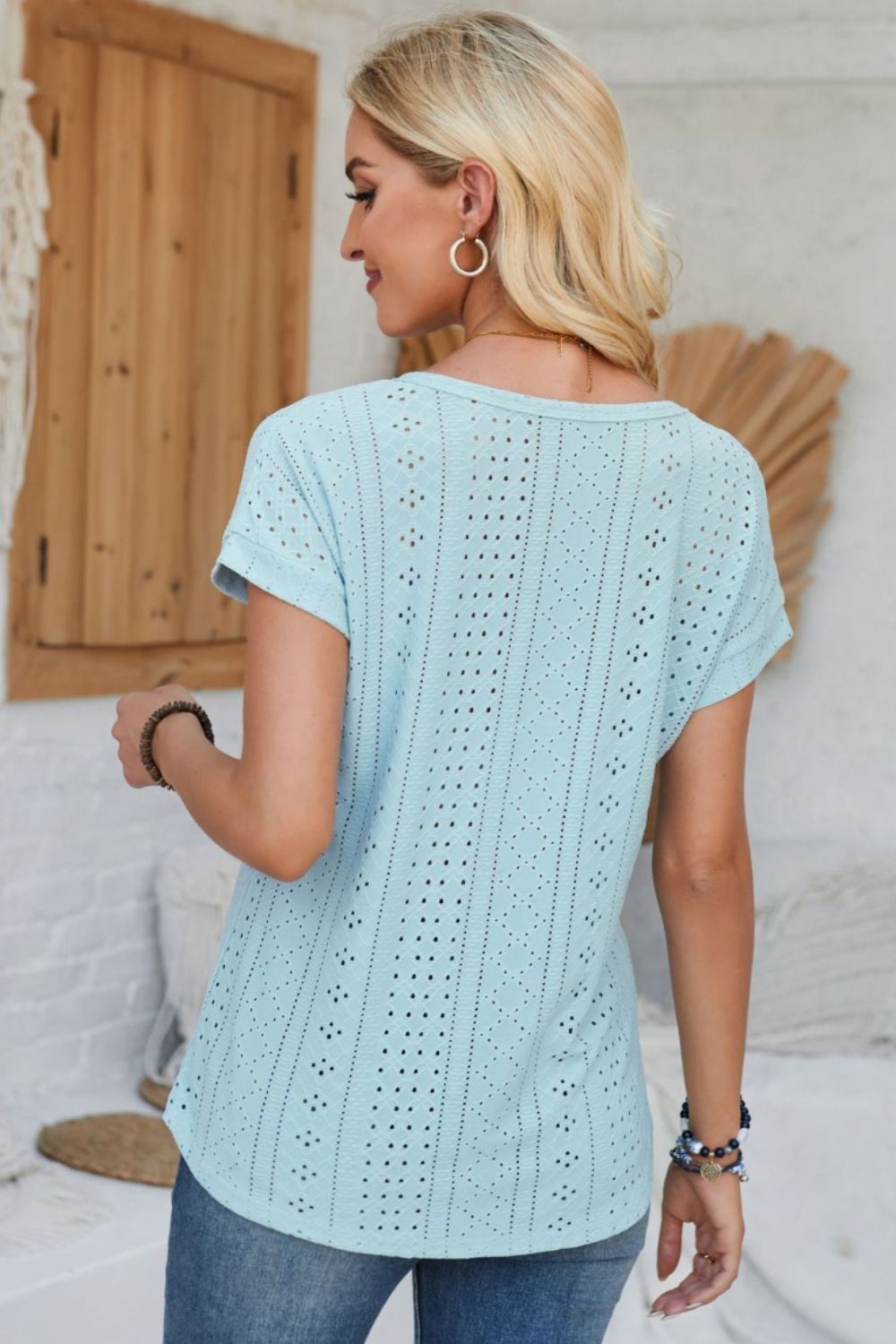 Eyelet Round Neck Rolled Short Sleeve T-Shirt-Angel Casuals